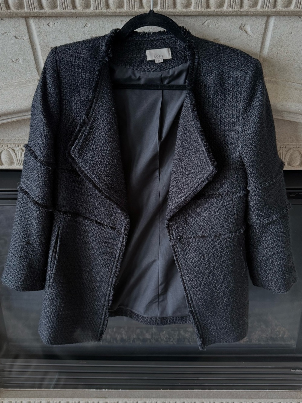 LOFT Black Textured Collarless Tweed Blazer
